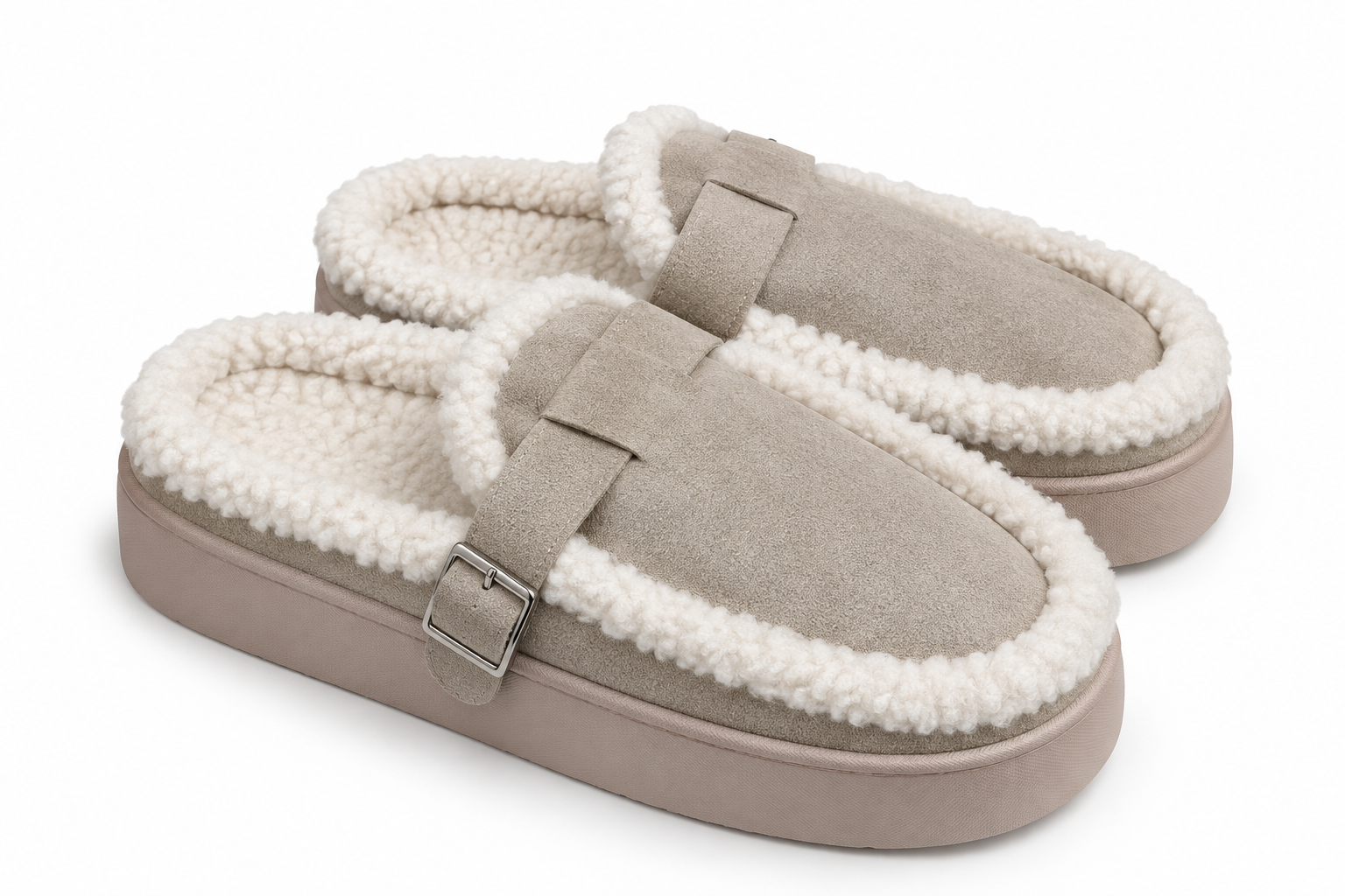 Cozy Beige Sherpa Platform Mules
